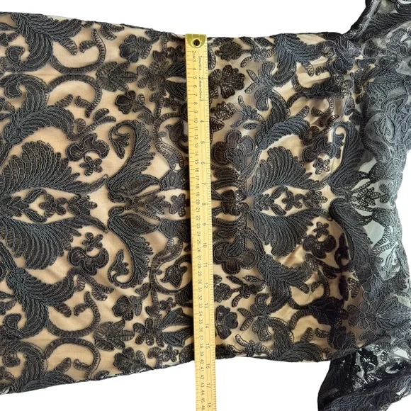 Tadashi Shoji Black Corded Embroidery Tulle 3/4 Sleeve Lace Dress Evening 12 - Picture 10 of 16